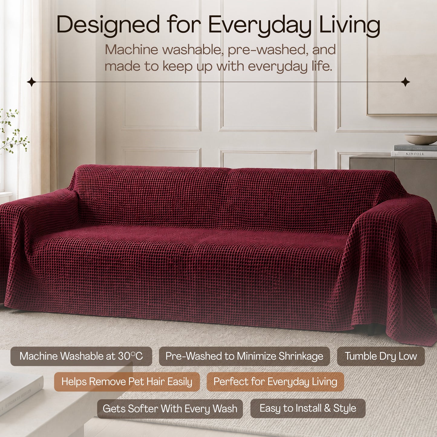 Waffle Sofa Cover - Burgundy