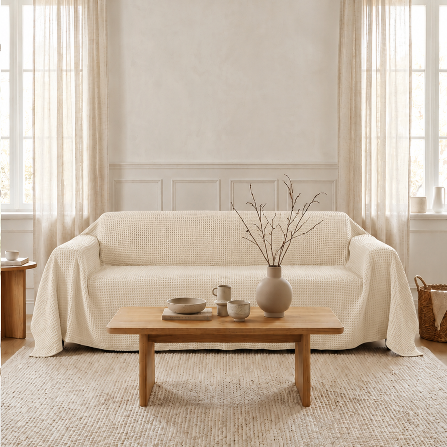 Waffle Sofa Cover - Cream