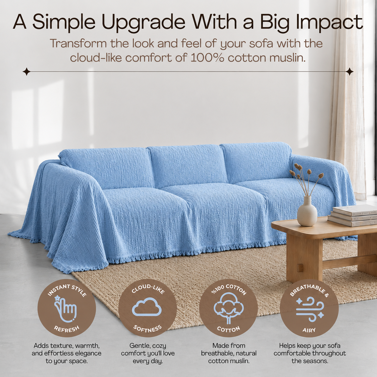 Cloud-Like Muslin Sofa Cover Baby Blue