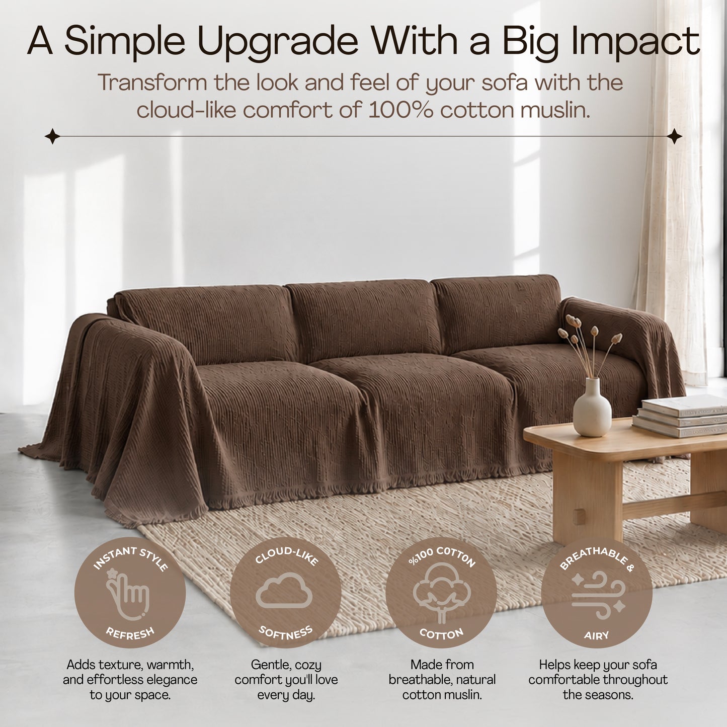 Cloud-Like Muslin Sofa Cover - Brown