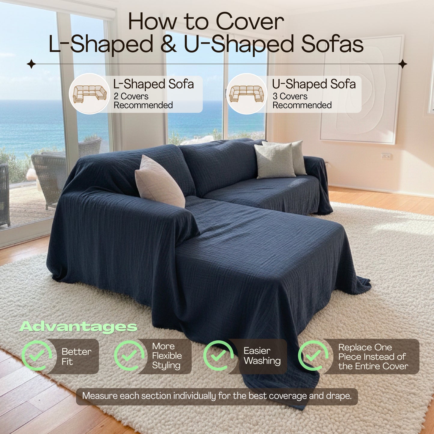 Cloud-Like Muslin Sofa Cover - Anthracite Blue