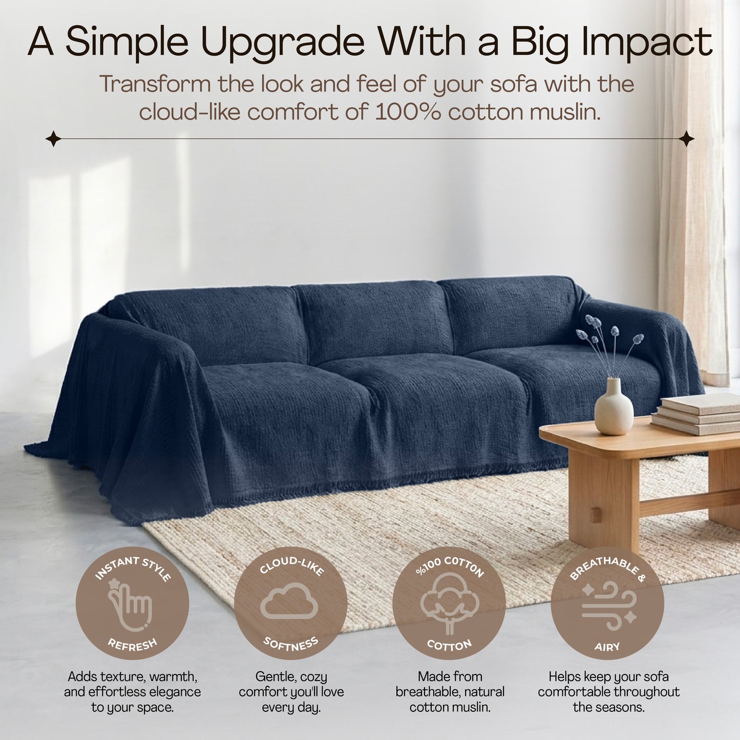 Cloud-Like Muslin Sofa Cover - Anthracite Blue
