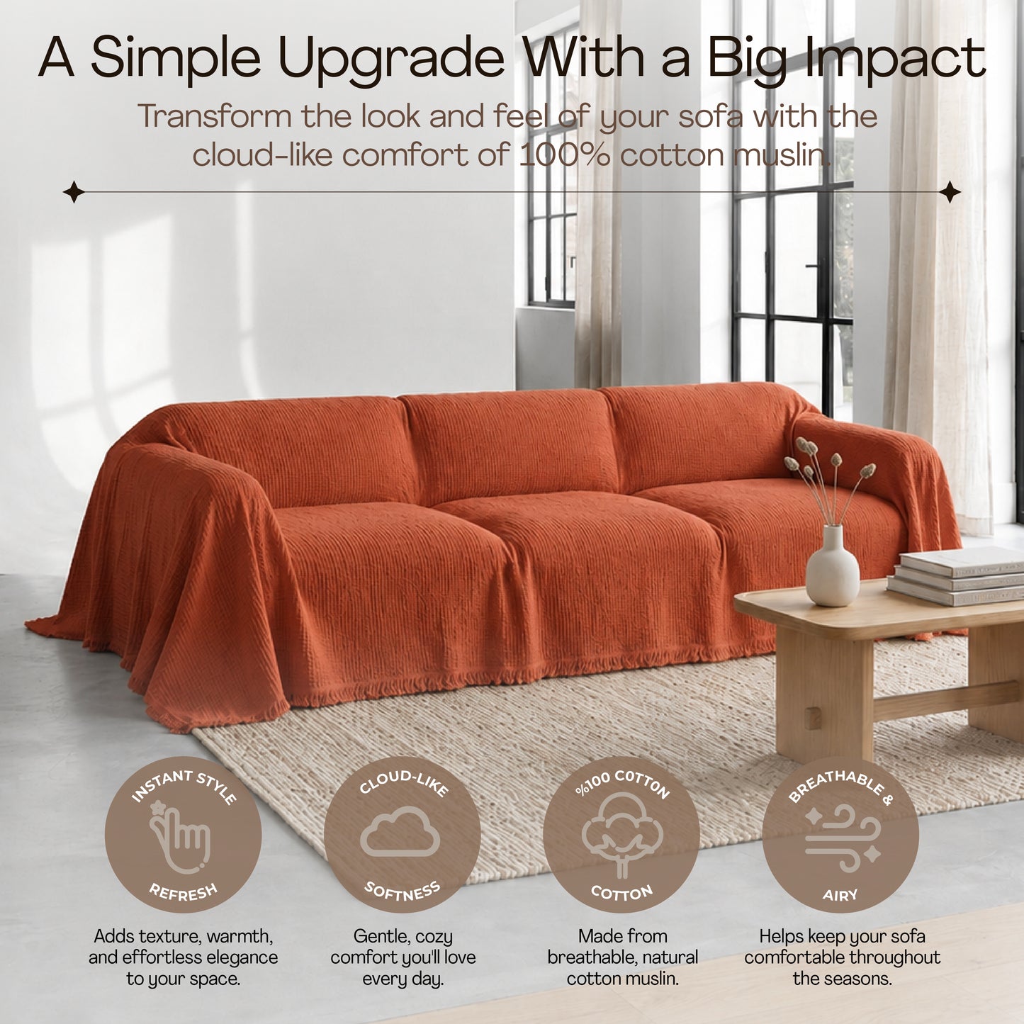 Cloud-Like Muslin Sofa Cover - Terracotta